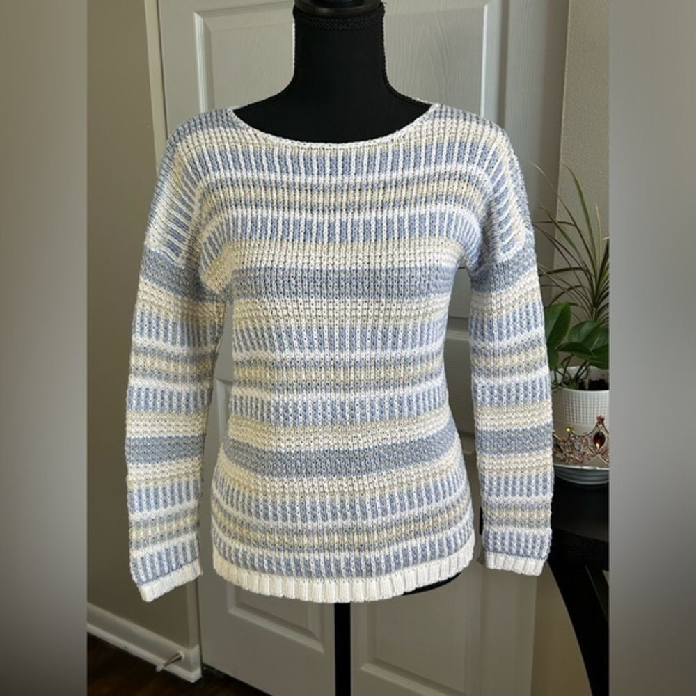 🍁Stylish LOFT Sweater Blue White Gold Casual Fall Attire Small